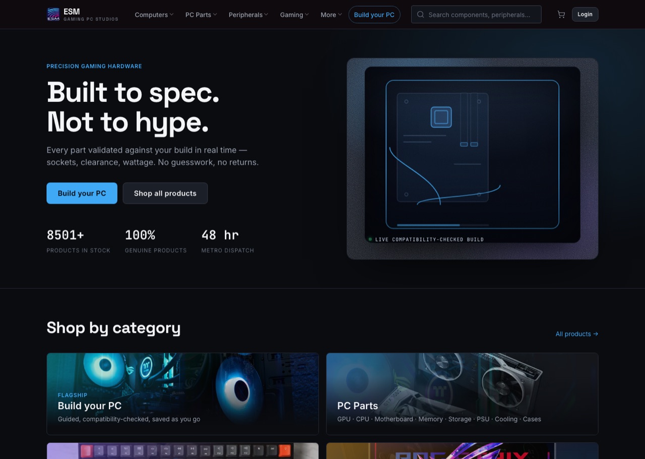 ESM Gaming PC Studios website — custom gaming-PC commerce platform