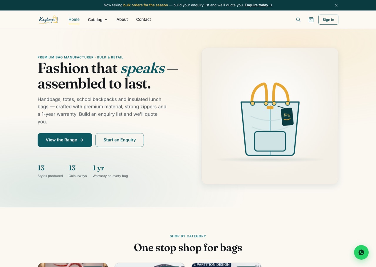 KeyBags website — premium bag-manufacturer storefront for bulk and retail